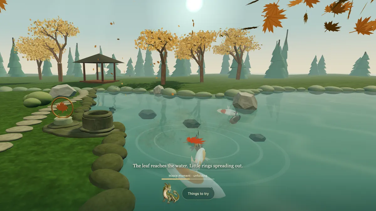 A red maple leaf resting on the water, rings spreading out around it while a koi passes below